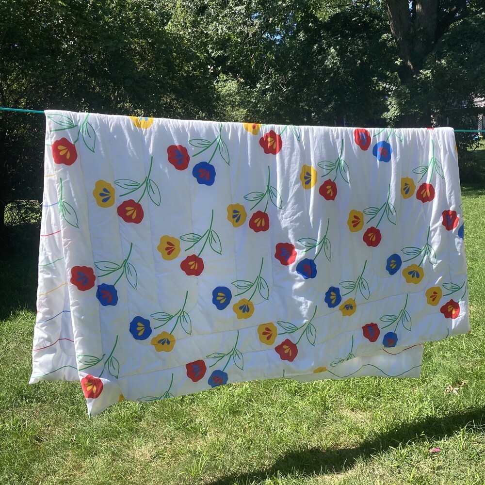 VTG Twin Comforter Burlington Colorful Floral Waves Marimekko Style 80s Rainbow